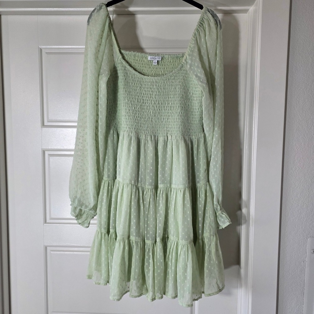 Patrons of Peace Sage Green Smocked Clip Dot Tiered Mini Dress Large J2389F23